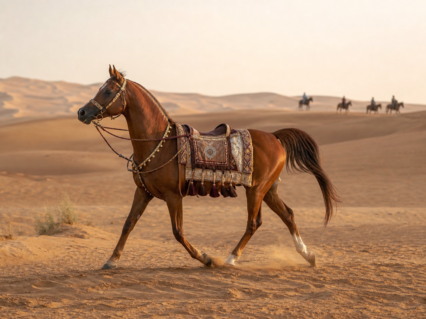 An Arabian horse moving across the desert dunes