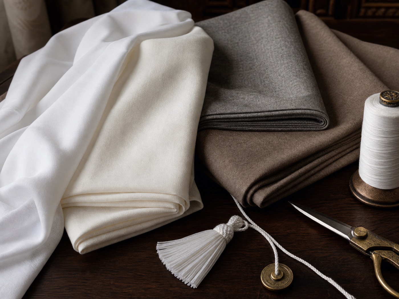 White, cream, grey, and brown kandura fabrics on a tailor's table