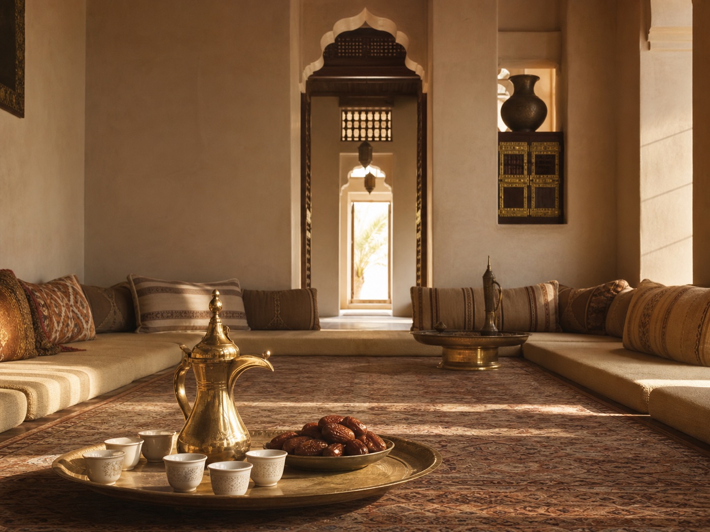 A traditional majlis prepared with Arabic coffee and dates