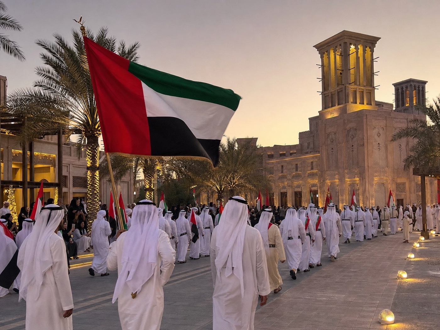 A UAE National Day cultural procession at dusk