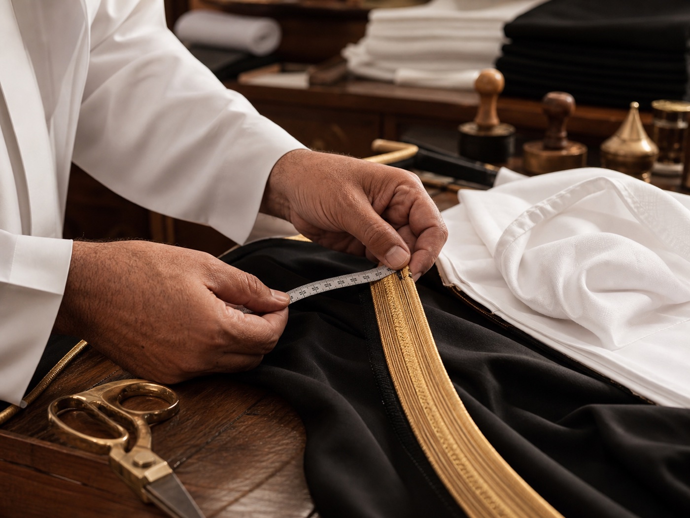 A tailor measuring the gold-trimmed edge of a ceremonial robe