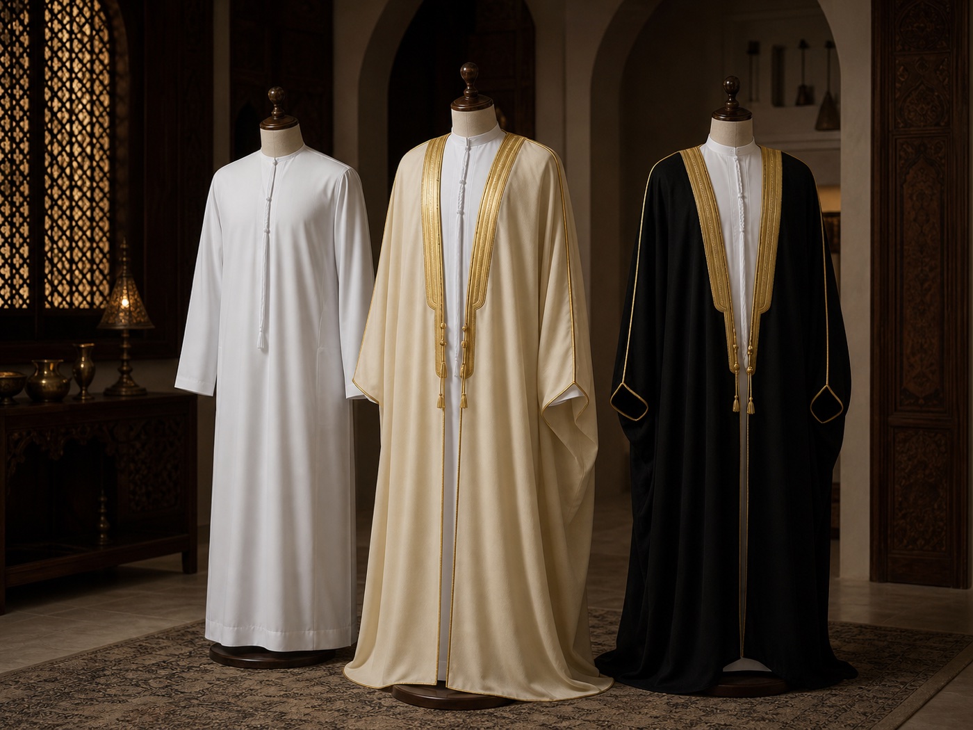 White, cream, and black ceremonial robes prepared for formal occasions