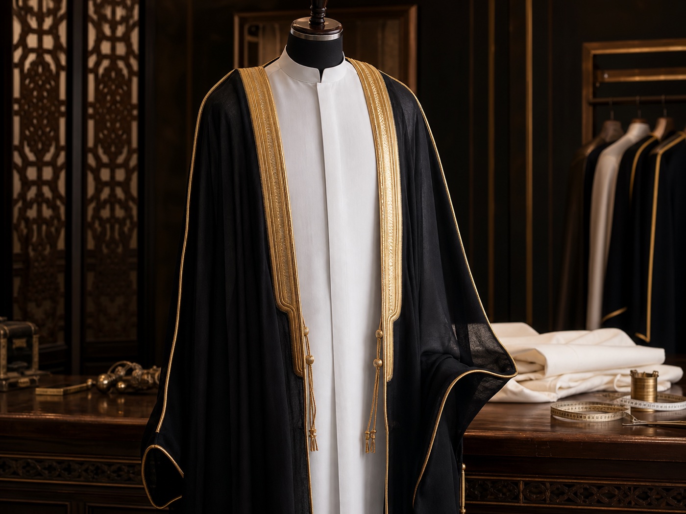 A black and gold bisht layered over a white kandura in the atelier
